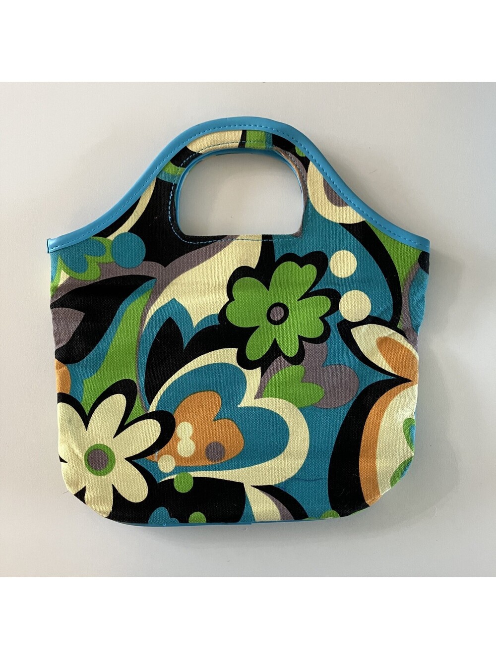 Retro Mod 70s Blue Green Floral Handbag Borghese Beauty Snap Closure